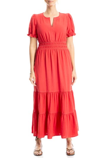 Max Studio Tiered Crepe Maxi Dress In Washed Red