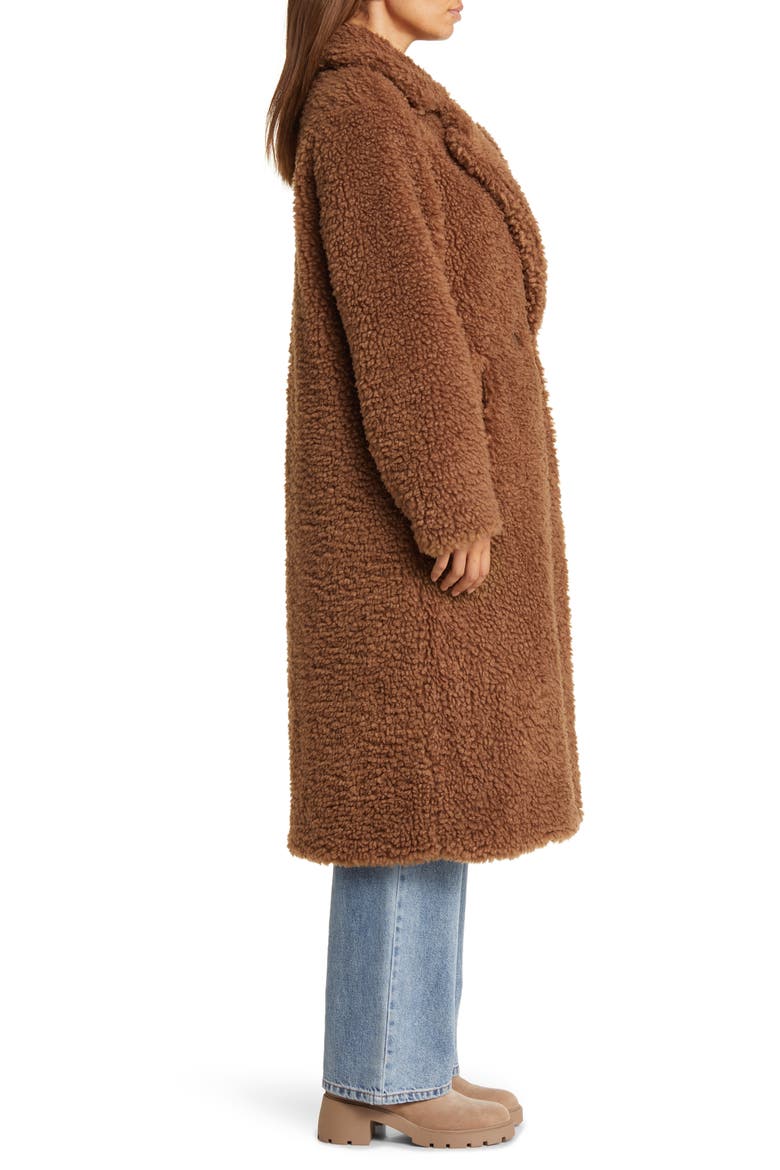 Faux Shearling Double Breasted Longline Coat, Alternate, color, BROWN