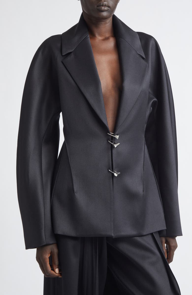 GRACE LING Padlocks Wool Blend Satin Blazer, Alternate, color, Black
