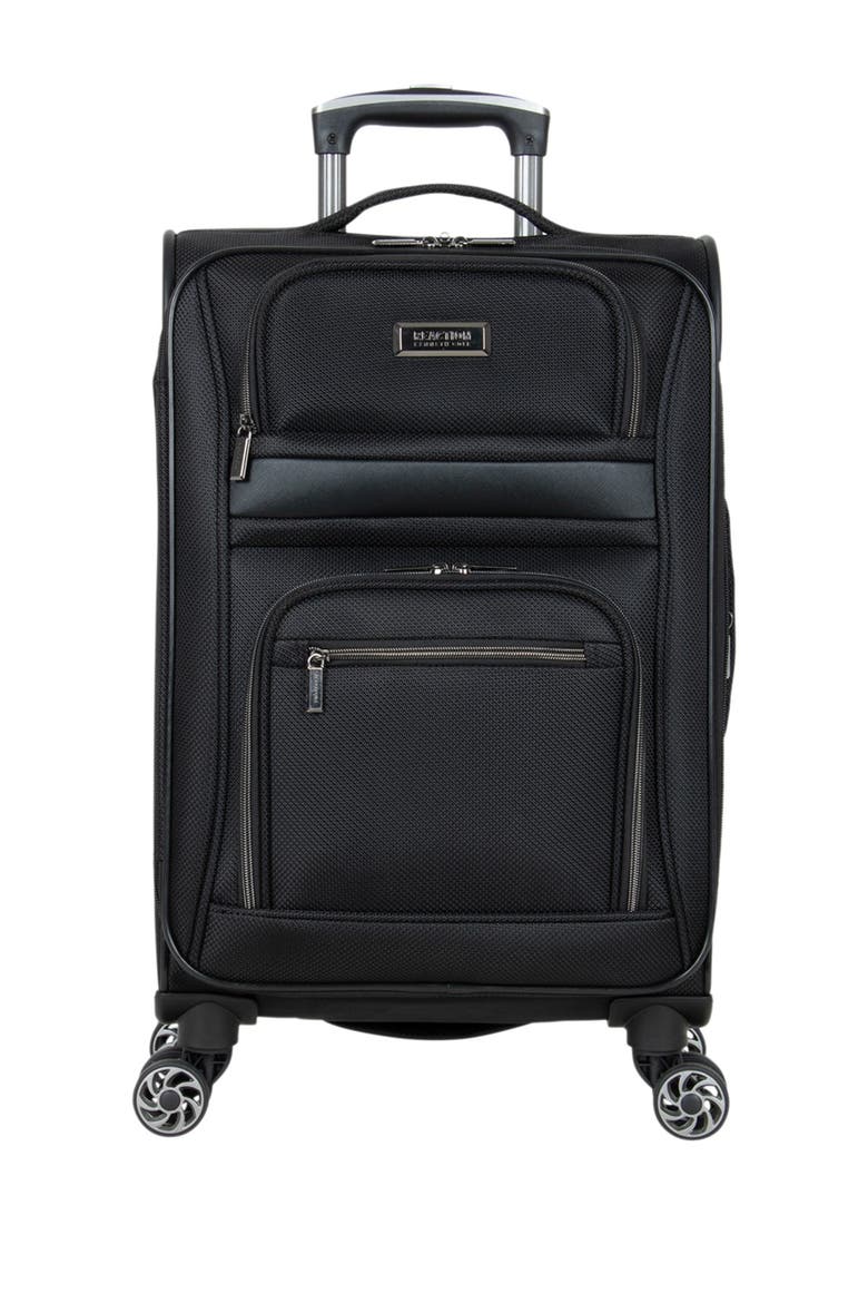 Rugged Roamer Dobby Softside Expandable Spinner Carry-On Luggage, Main, color, BLACK