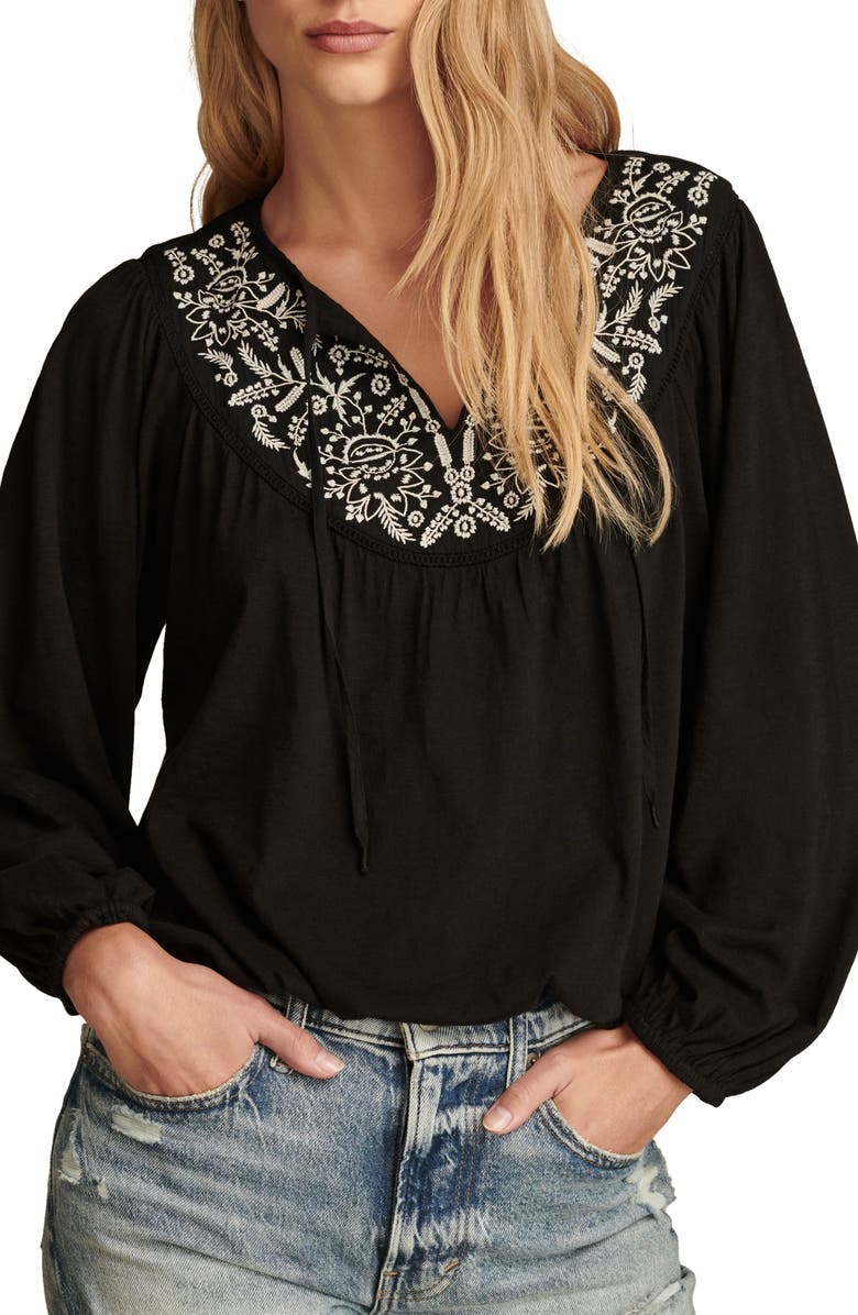 Lucky Brand Embroidered Cotton Peasant Top, Main, color, Caviar