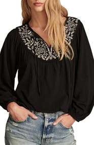 Lucky Brand Embroidered Cotton Peasant Top
