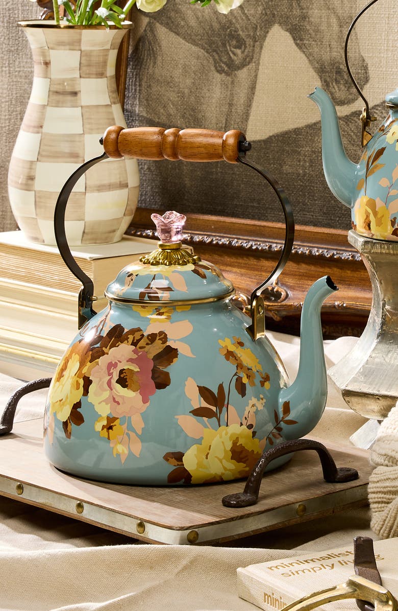 MACKENZIE CHILDS Wild Rose Slate Enameled Steel 3-Quart Tea Kettle, Alternate, color, Blue