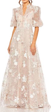 Mac Duggal Queen Anne Puff Sleeve A-Line Gown