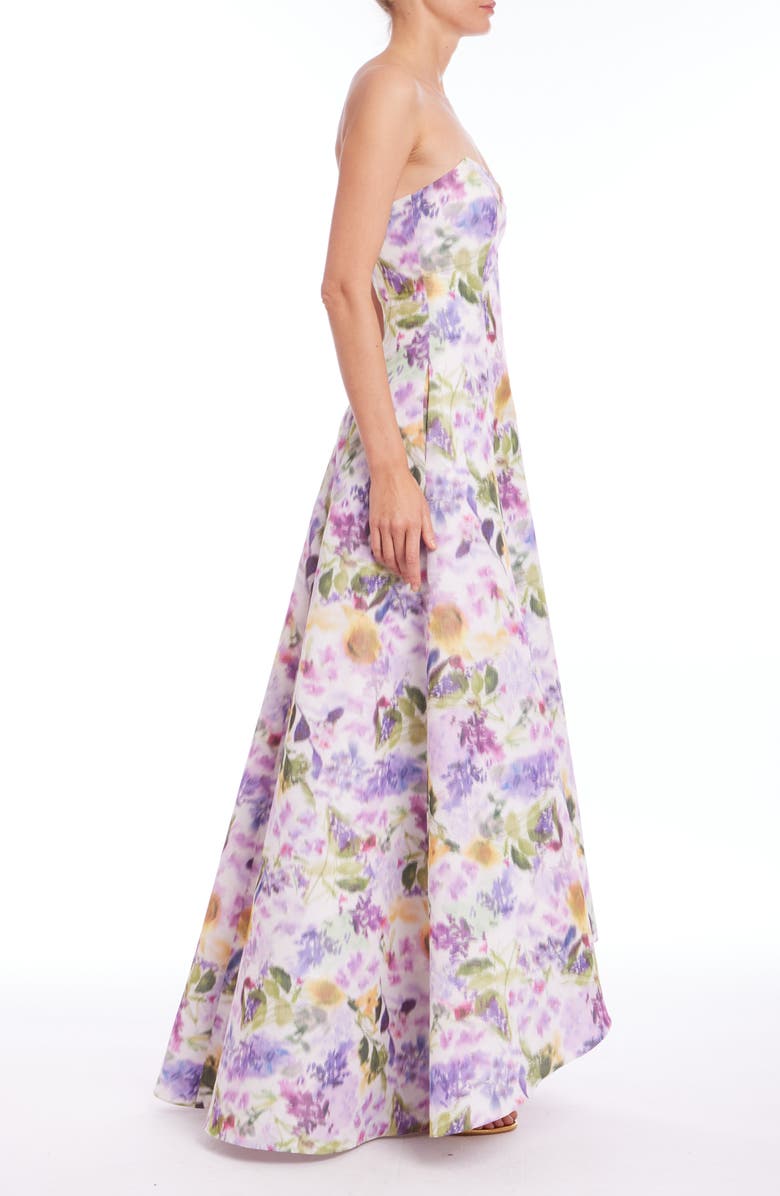 Badgley Mischka Collection Abstract Floral Strapless High-Low Taffeta Gown, Alternate, color, Lilac Multi