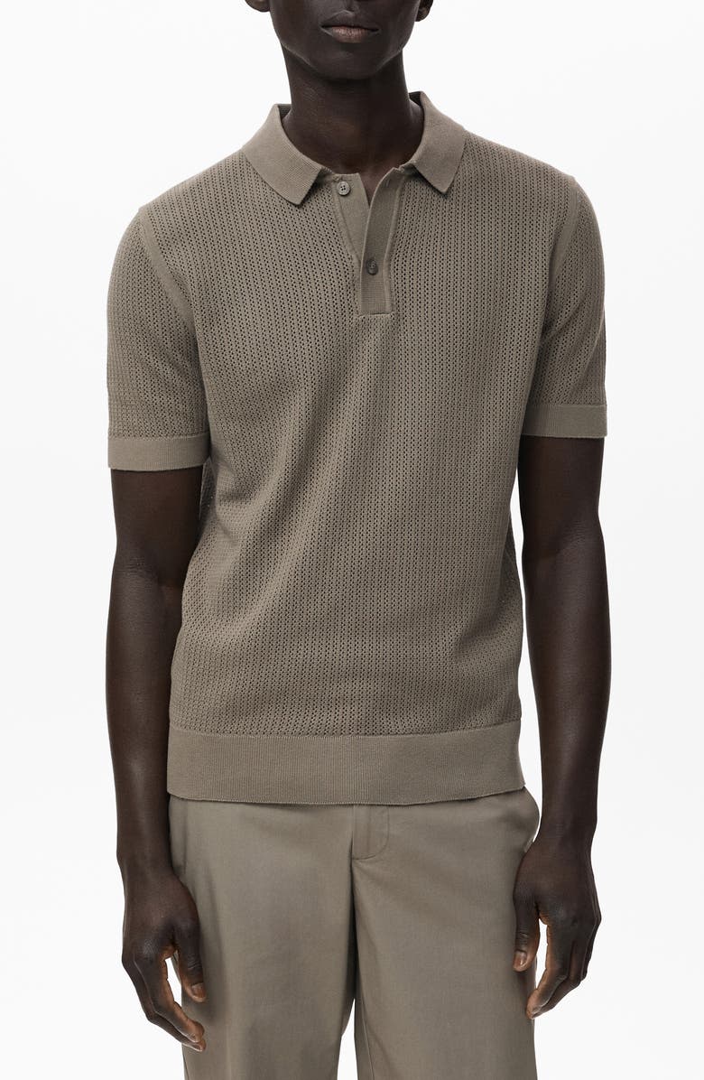MANGO Openwork Knit Cotton Polo, Main, color, Dark Green