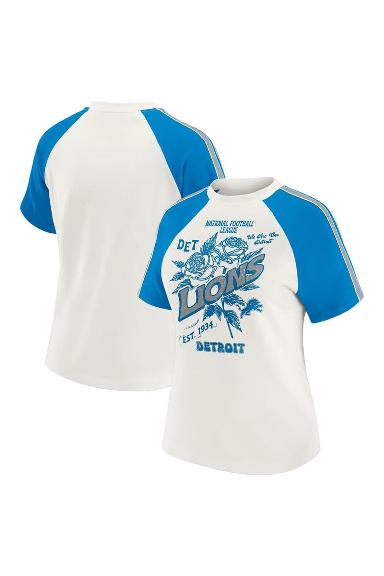 Women's WEAR by Erin Andrews White Detroit Lions Sleeve Stripe Distressed Raglan T-Shirt, Main, color, White