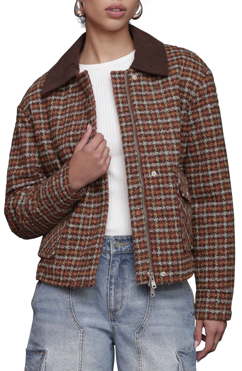 Avec Les Filles Oversize Tweed Bomber Jacket, Main, color, Brown/ Blue Plaid