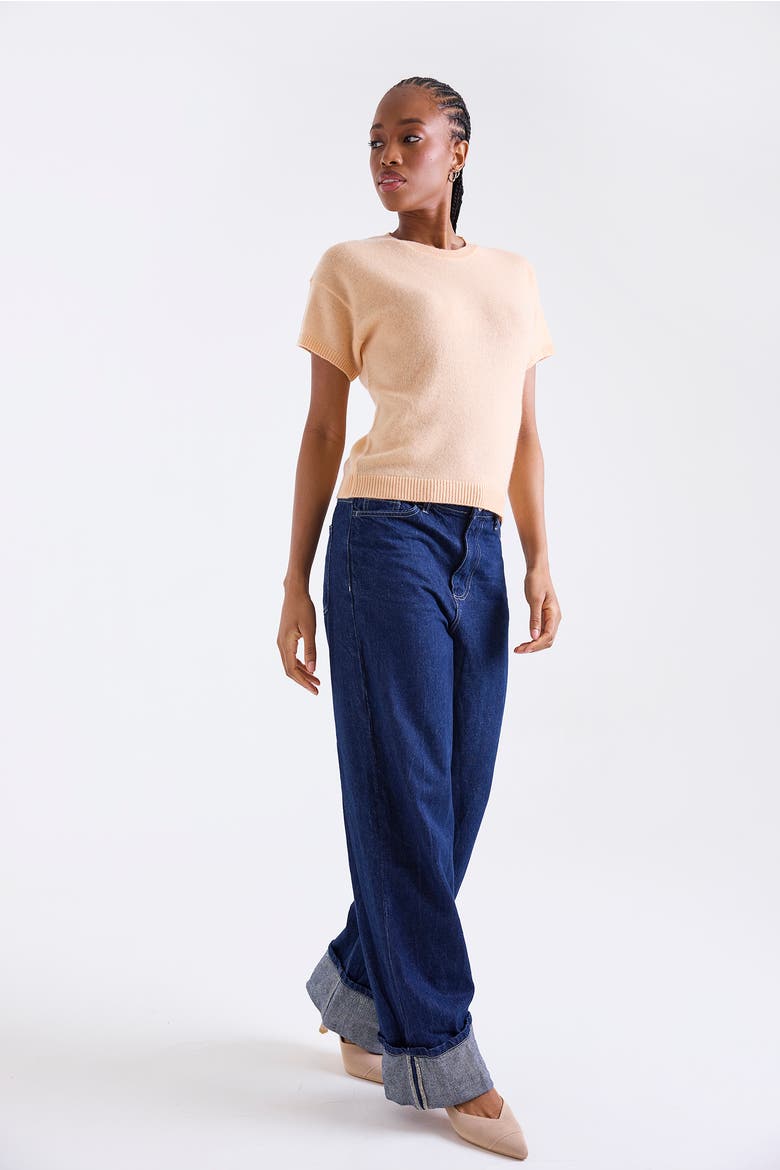 Esme Short Sleeve 100% Cashmere Top, Alternate, color, BELLINI PEACH