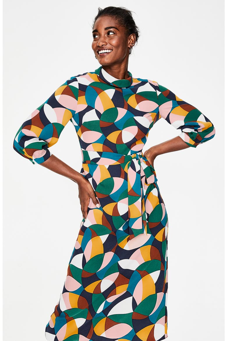 Lottie Print Midi Dress, Alternate, color, NAVY CIRCLE GEO SMALL