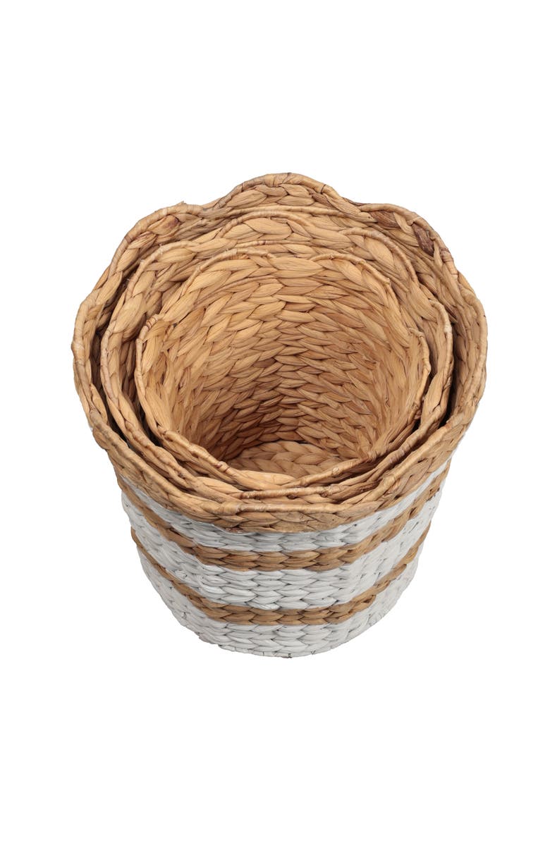 HAPPIMESS Calvin Handwoven Water Hyacinth Scalloped Edge Nesting Baskets, Alternate, color, White/Natural