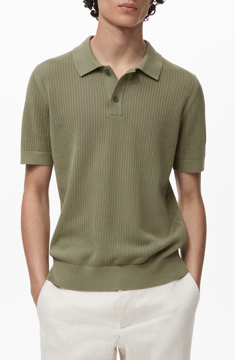 MANGO Openwork Knit Cotton Polo, Main, color, Green