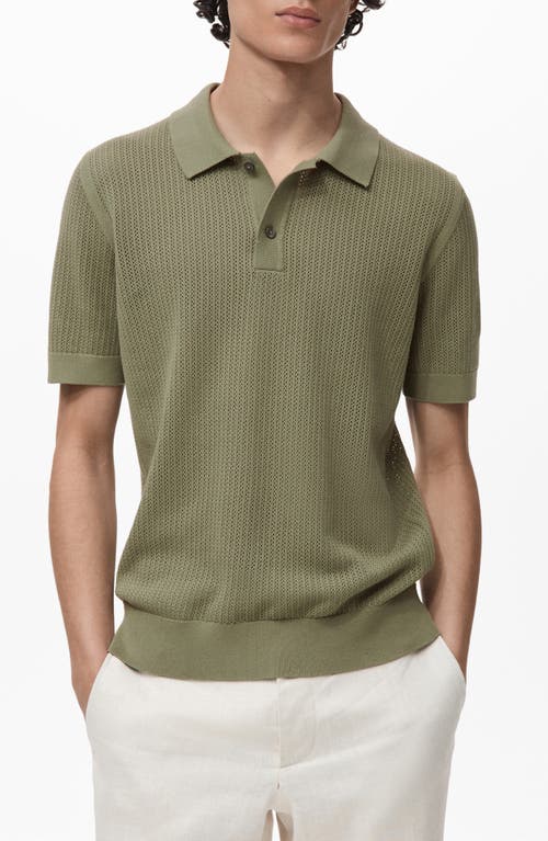Mango Openwork Knit Cotton Polo In Green