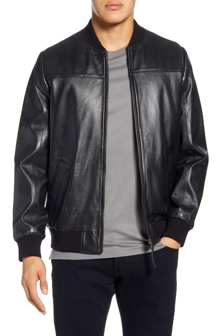 Lambskin Leather Bomber Jacket, Main, color, BLACK