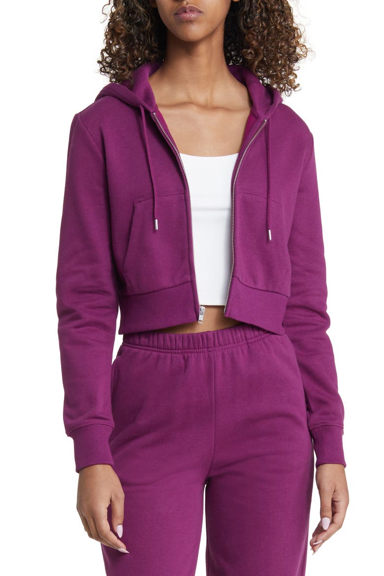 Crop Cotton Blend Zip-Up Hoodie, Alternate, color, PURPLE MAGENTA