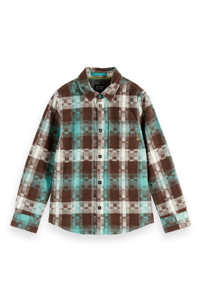 Kids' Pixelated Check Cotton Flannel Button-Up Shirt, Main, color, AGATE GREEN ABSTRACT