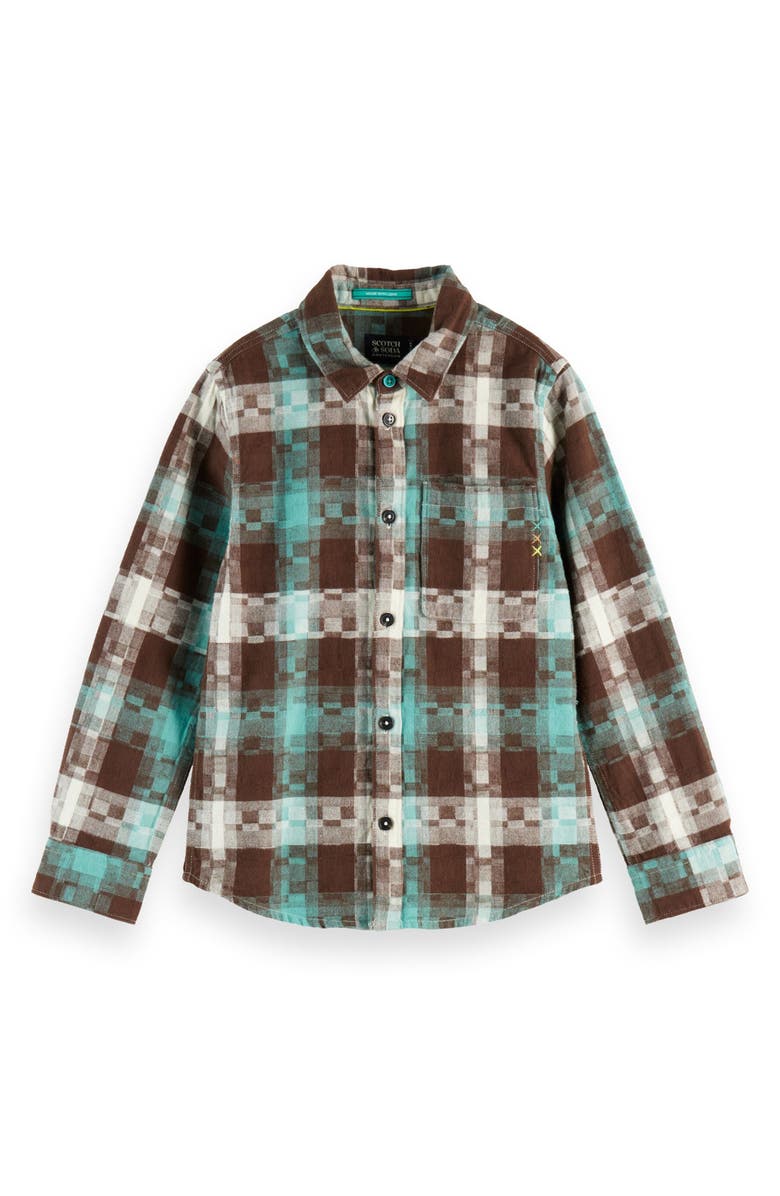 Scotch & Soda Kids' Pixelated Check Cotton Flannel Button-Up Shirt, Main, color, Agate Green Abstract