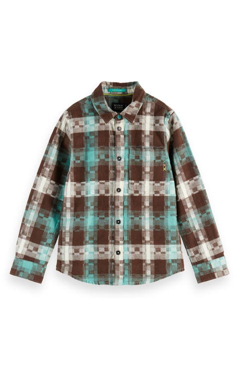 Kids' Pixelated Check Cotton Flannel Button-Up Shirt (Big Kid)