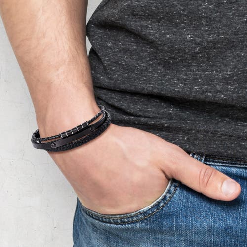 Lucky Brand Stainless Steel 3-row Cord Bracelet In Black