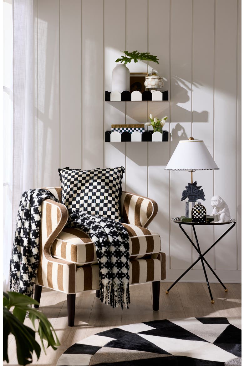 Courtly Check Ruffle Accent Pillow, Alternate, color, BLACK/ WHITE