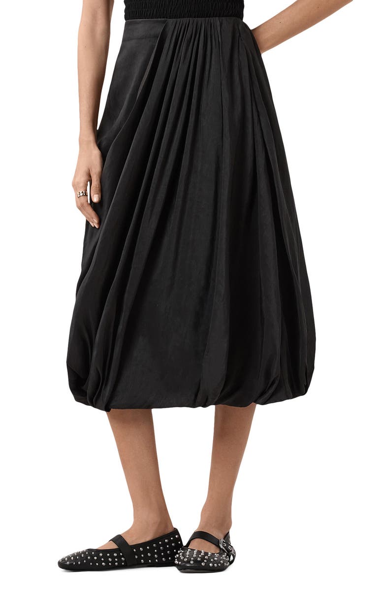 AllSaints Nia Pleated Bubble Hem Midi Skirt, Alternate, color, Black