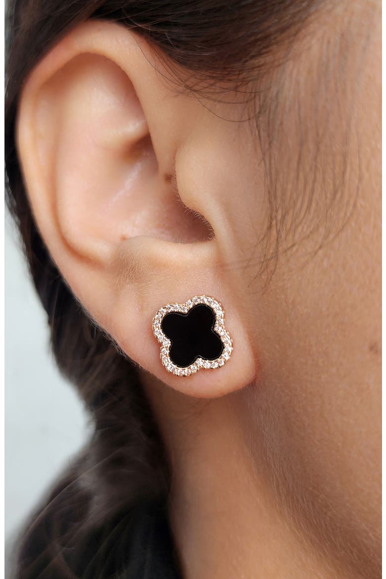 Enamel & Crystal Clover Stud Earrings, Alternate, color, BLACK