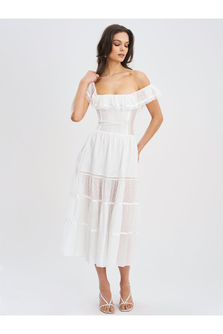 Eden Square Neck Ruffle Trim High Waist Midi Dress, Alternate, color, White