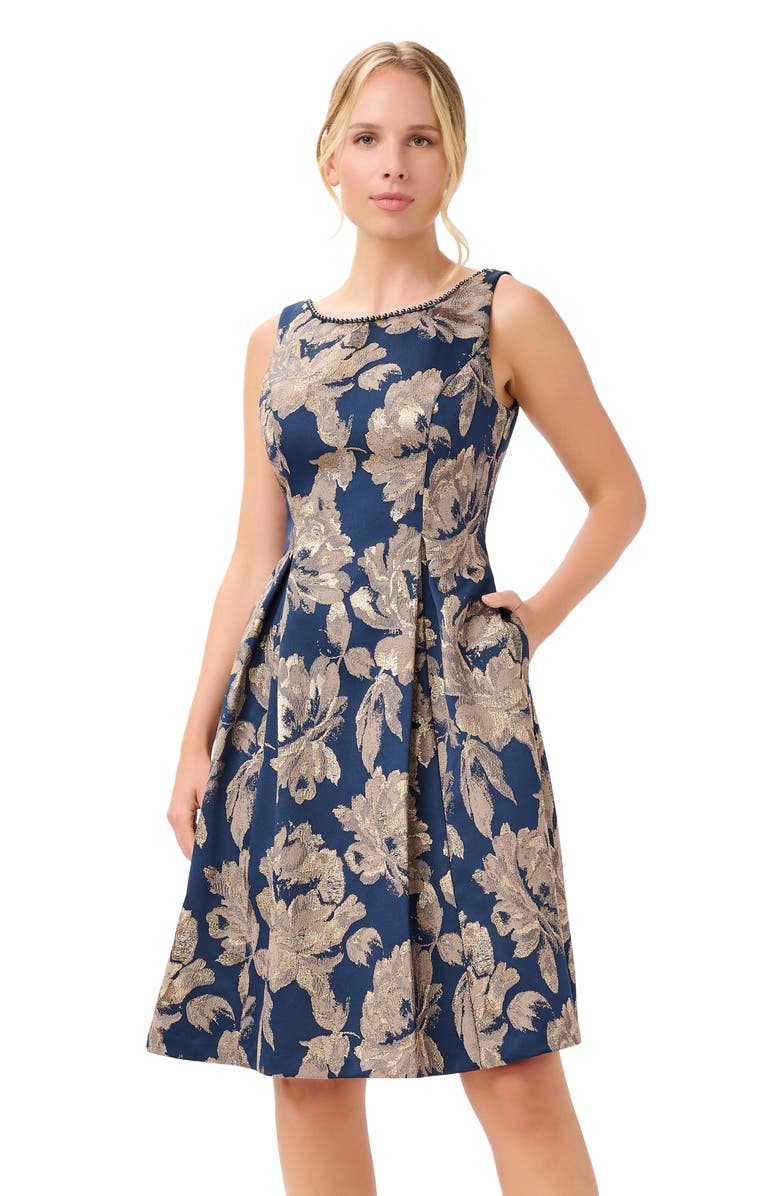 Adrianna Papell Pleated Metallic Jacquard Fit & Flare Dress, Alternate, color,