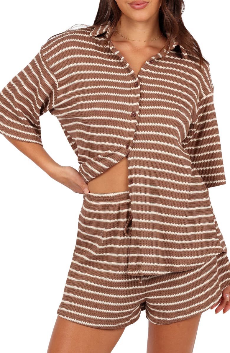 Petal & Pup Linnea Stripe Cotton Knit Button-Up Shirt & Shorts Set, Main, color,
