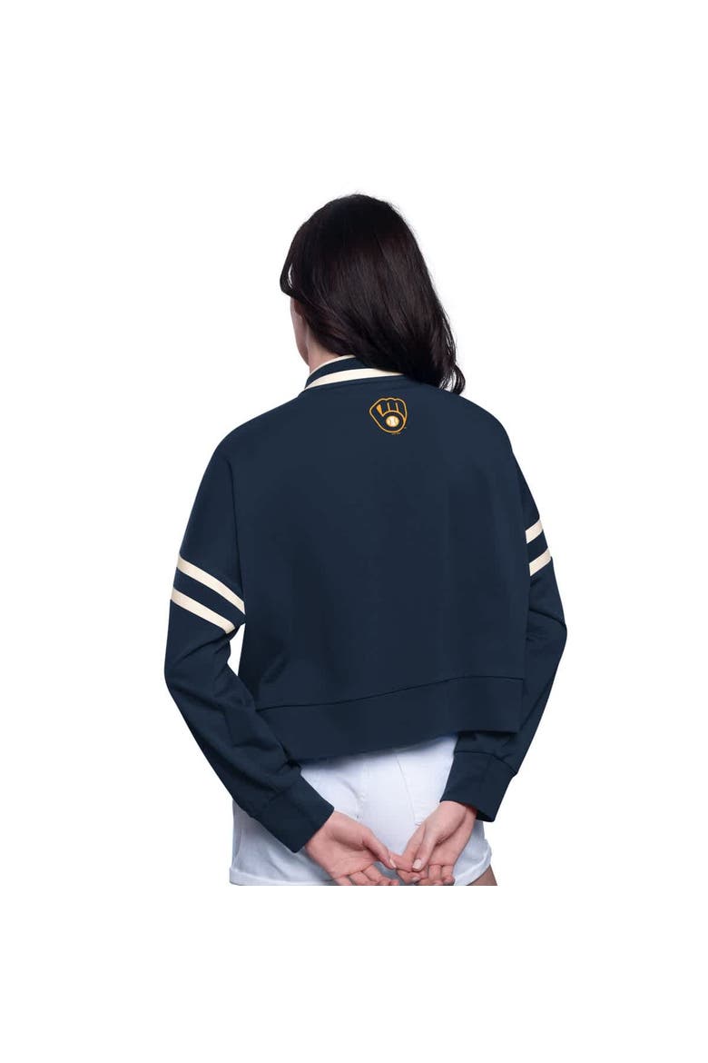 Women's Starter Navy Milwaukee Brewers Power Play Cropped Pullover Sweatshirt, Alternate, color, Navy