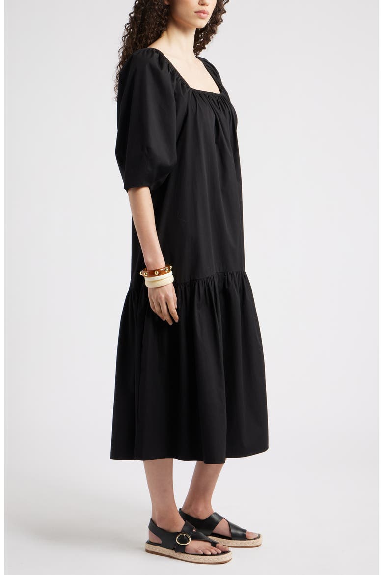 Square Neck Puff Sleeve Cotton Midi Dress, Alternate, color, BLACK