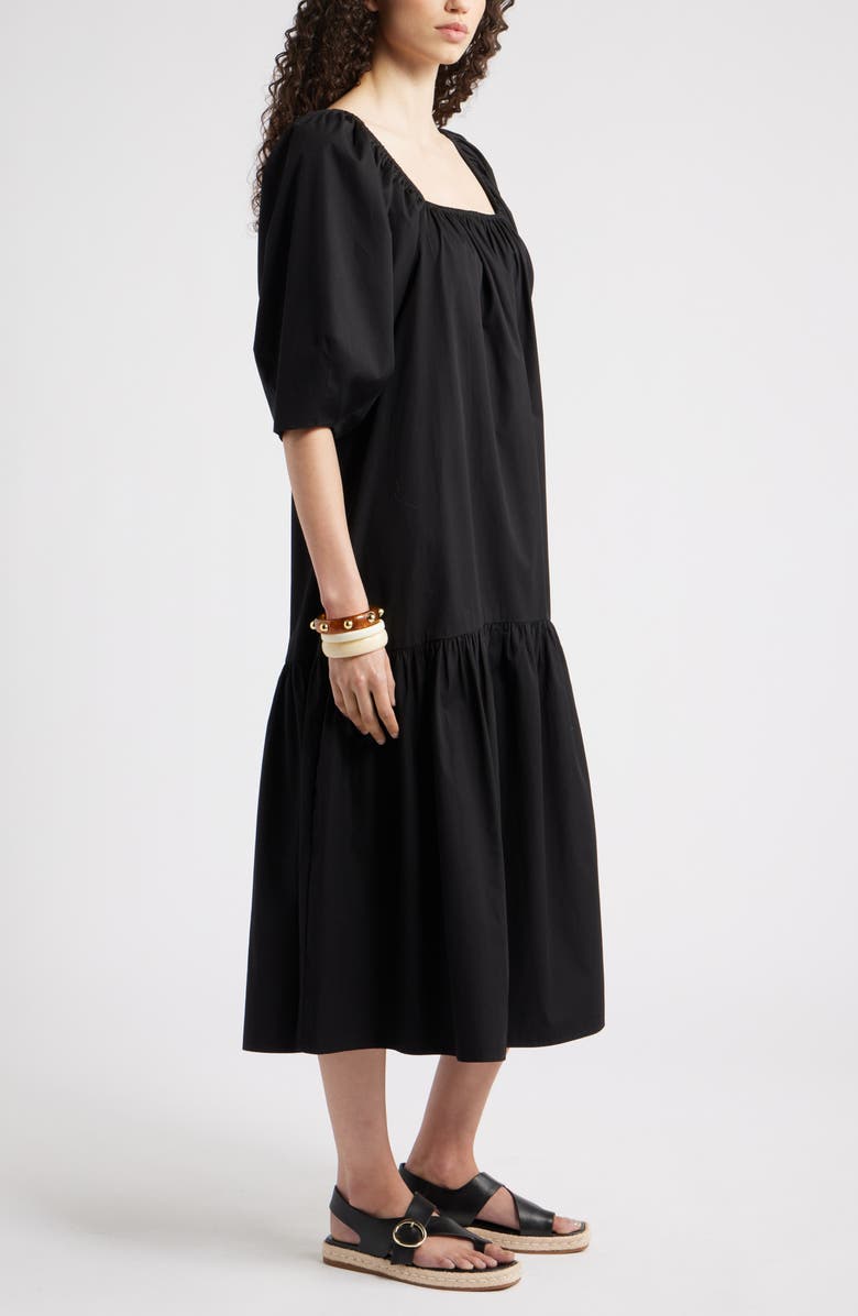 Nordstrom Square Neck Puff Sleeve Cotton Midi Dress, Alternate, color, Black