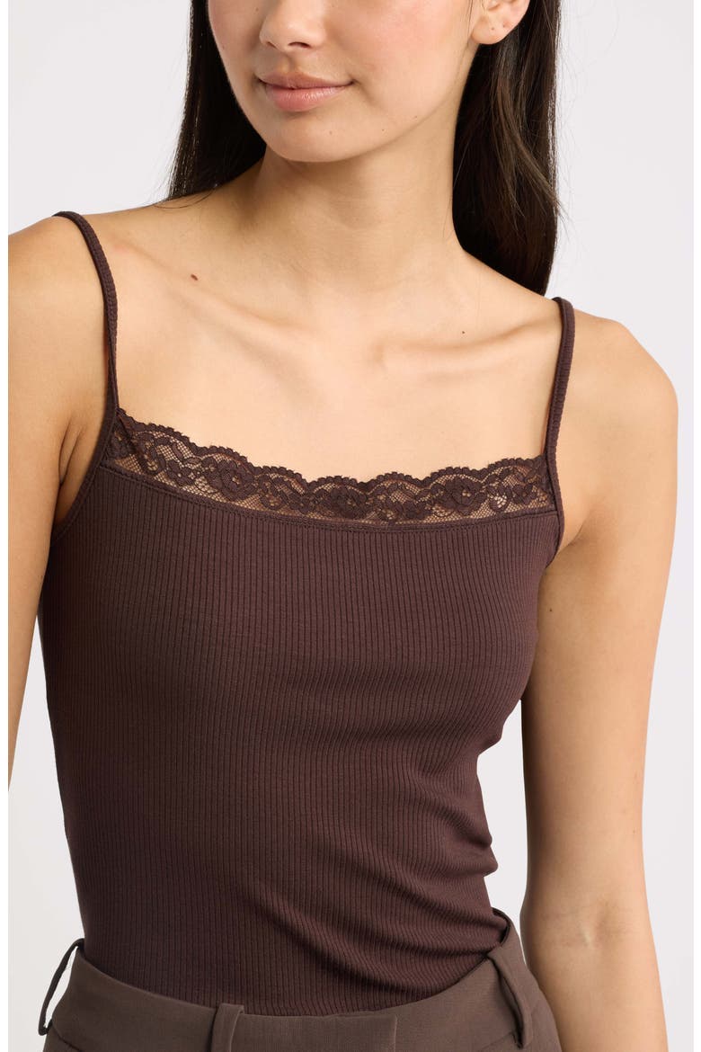 Blondi Lace Trim Ribbed Camisole, Alternate, color, BROWN