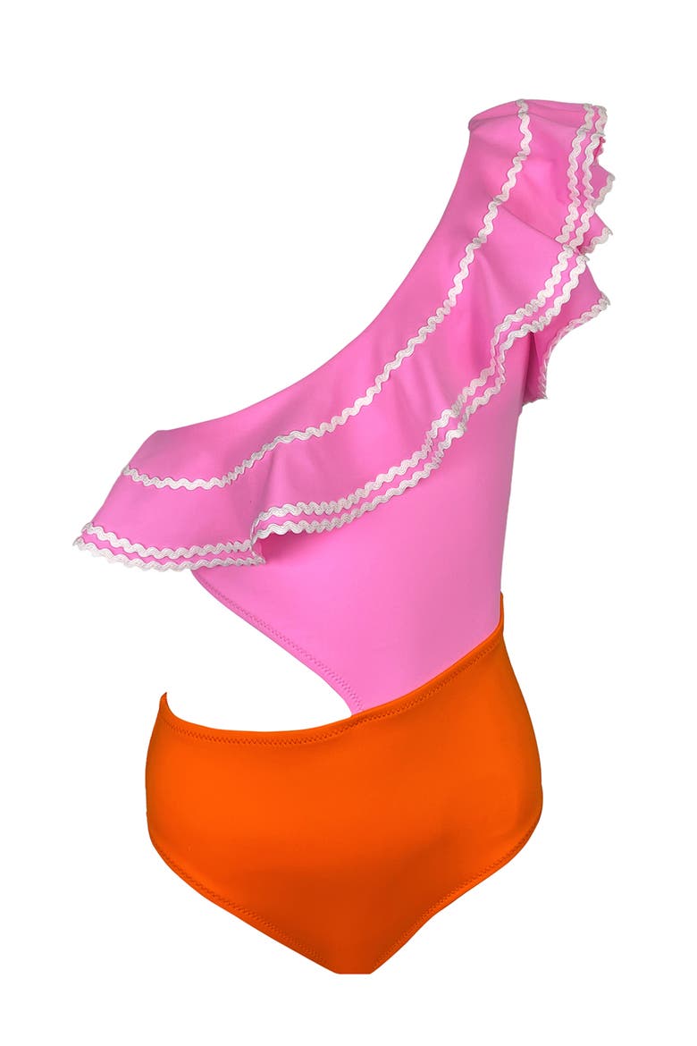 Kids' One Shoulder Cut-Out Ruffle One-Piece Swimsuit, Main, color, Pink-Orange