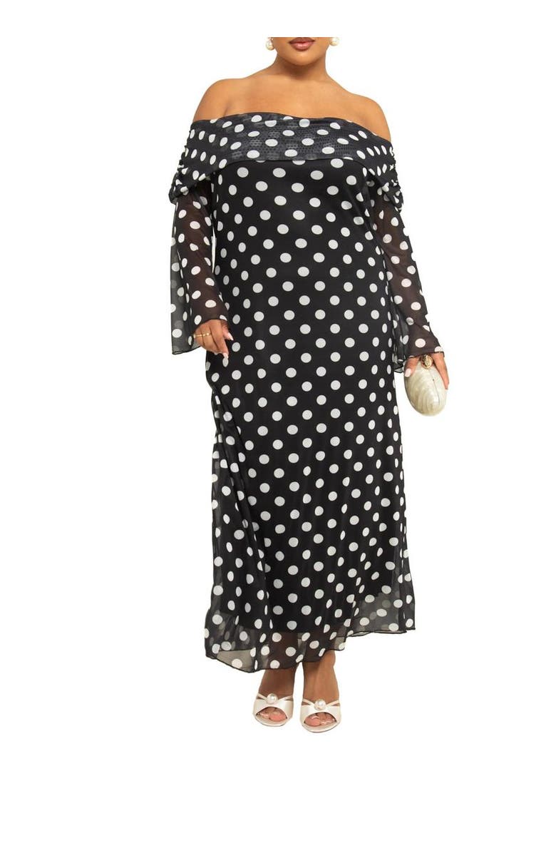 FASHION-SZN CURVE Off The Shoulder Polka Dot Midi Dress, Alternate, color,
