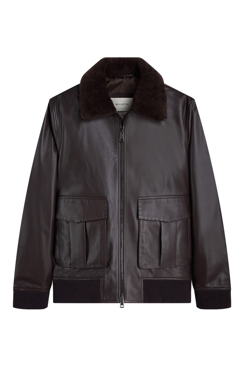 Leather Bomber Jacket with Removable Genuine Shearling Collar, Alternate, color, TRUFFLE