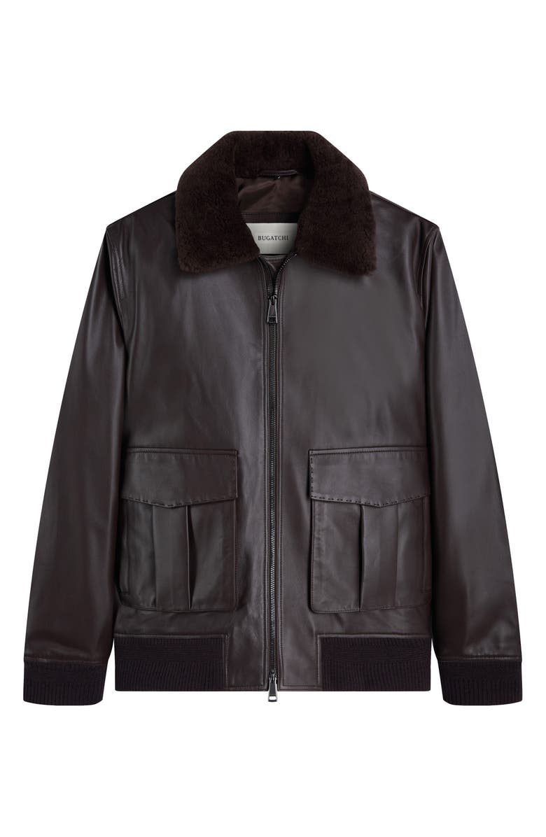 Bugatchi Leather Bomber Jacket with Removable Genuine Shearling Collar, Alternate, color, Truffle