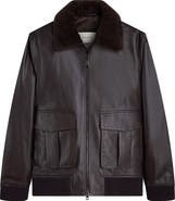 Bugatchi Leather Bomber Jacket with Removable Genuine Shearling Collar