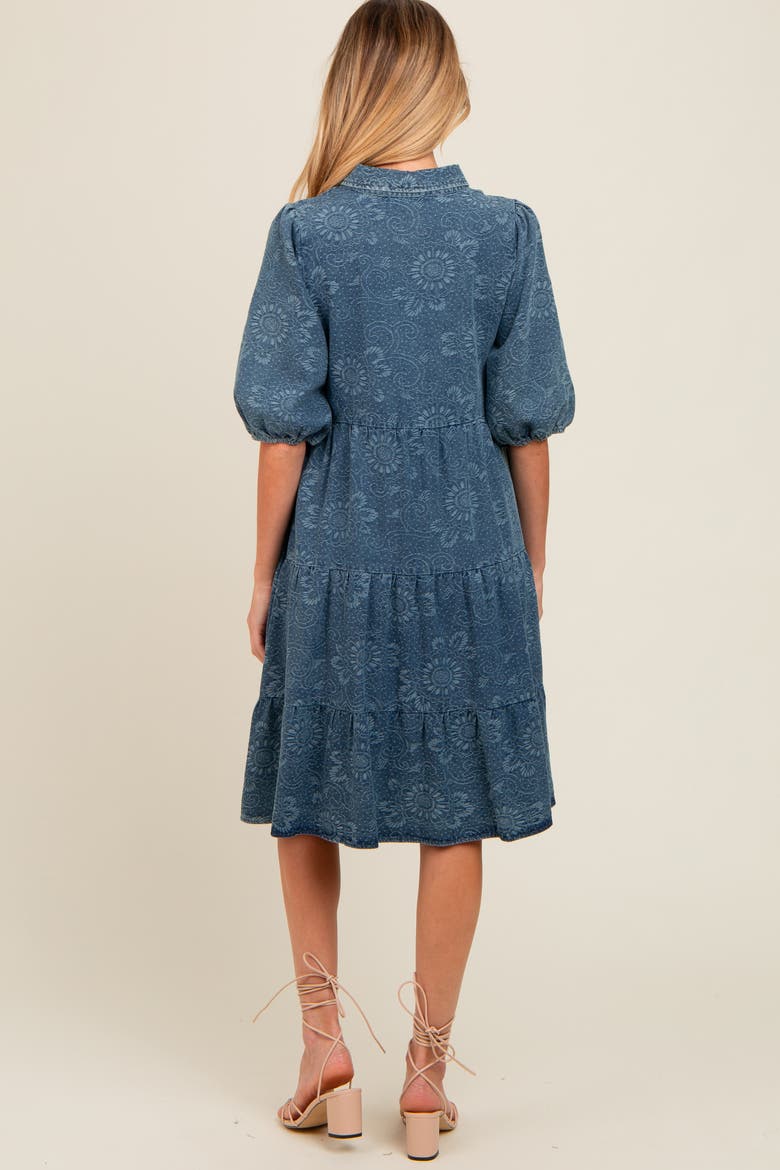 Denim Button Front Short Puff Sleeve Dress, Alternate, color, Blue