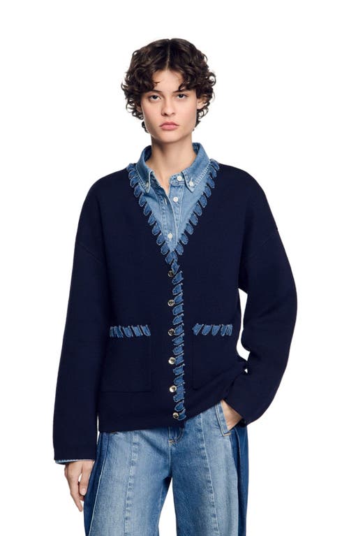 Shop Sandro Cardigan With Denim Details In Navy Blue