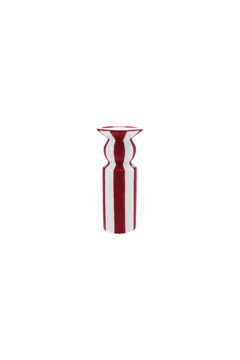 Tall Hand-Painted Ceramic Striped Taper Holder, Red and White, Main, color, Red