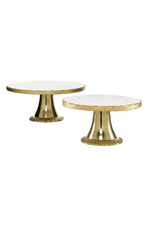 White Marble Cake Stand with Goldtone Base - Set of 2