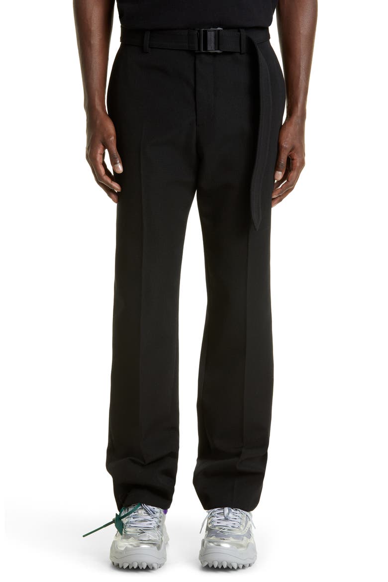 Belted Wool Slim Pants, Main, color, BLACK
