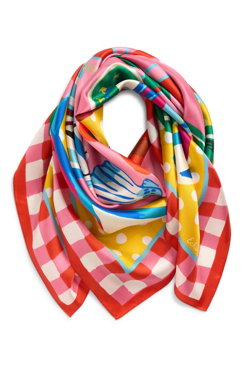 Beach Picnic Silk Square Scarf, Main, color, BEACH PINK