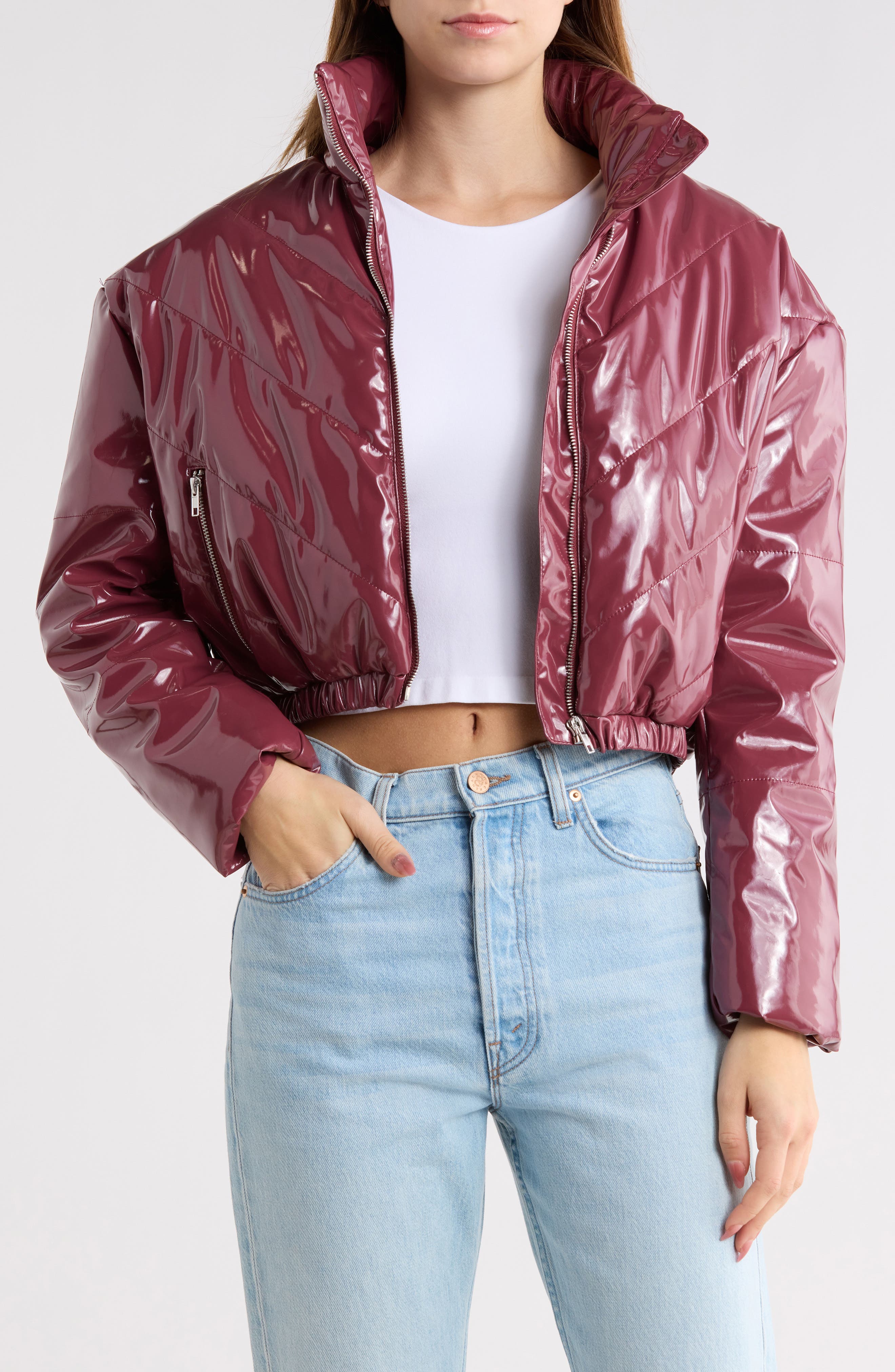 Vigoss Faux Leather Crop Puffer Jacket