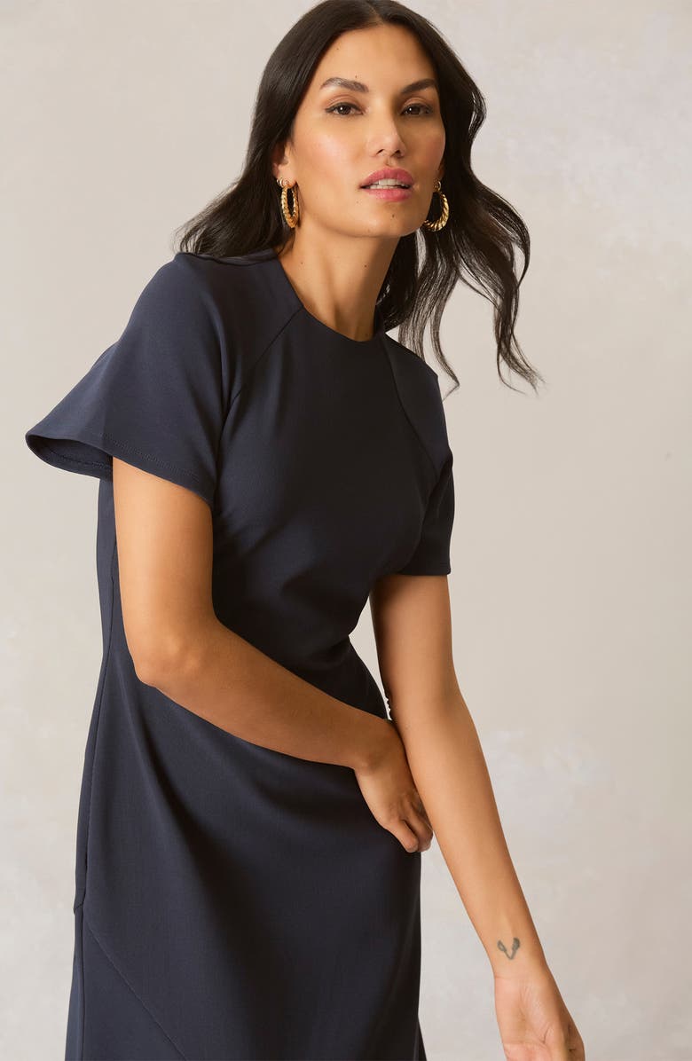 Maggy London Short Sleeve Asymmetric Hem Midi Dress, Alternate, color, Navy Blazer