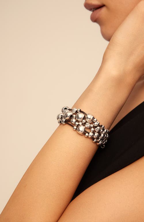 Unode50 Sterling Silver Wide Leather Metal Clad Bracelet In Metallic