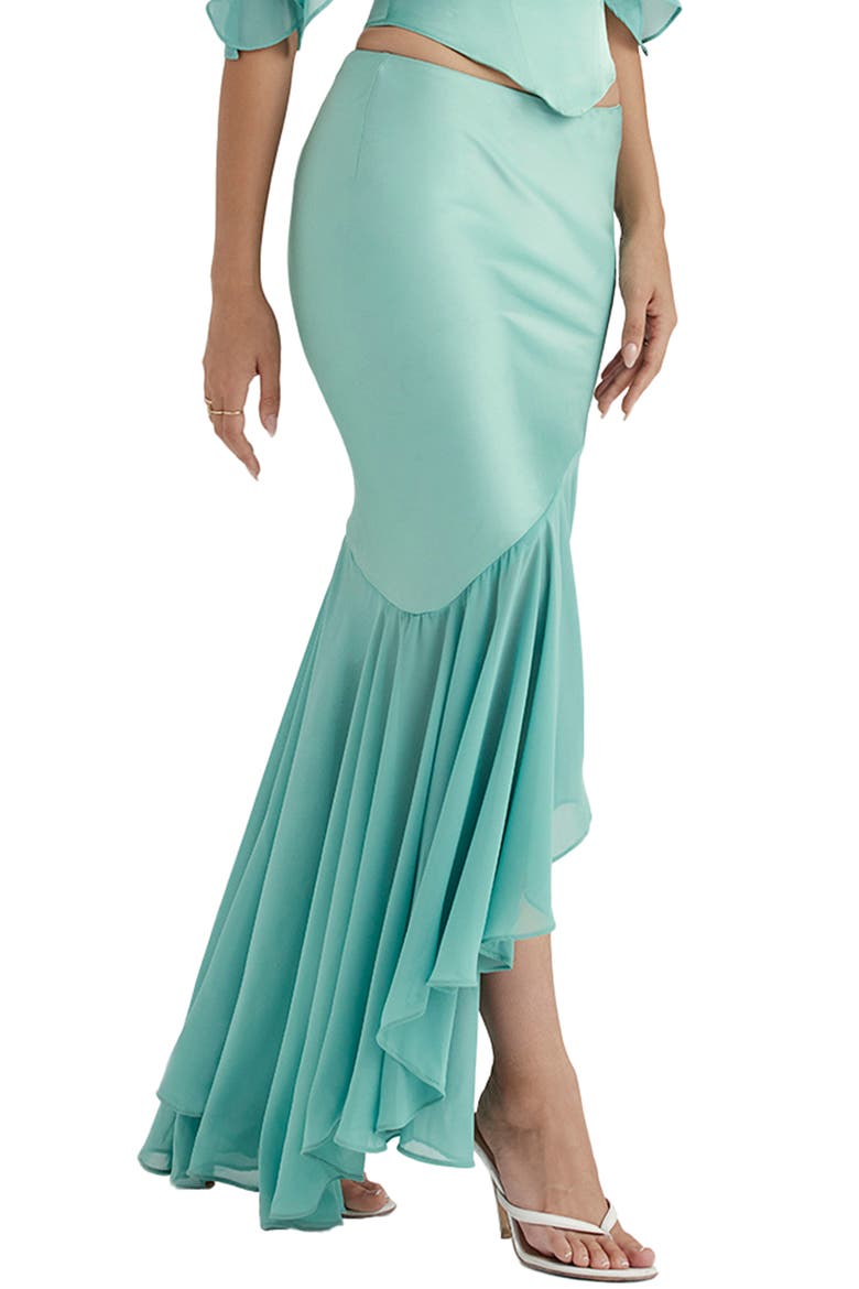 Lila Asymmetric Ruffle Stretch Satin & Georgette Skirt, Alternate, color, JADE