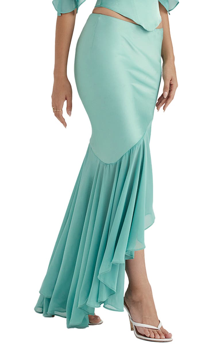 HOUSE OF CB Lila Asymmetric Ruffle Stretch Satin & Georgette Skirt, Alternate, color, Jade
