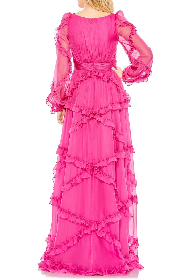 Cascade Ruffle Long Sleeve A-Line Gown, Alternate, color, FUCHSIA